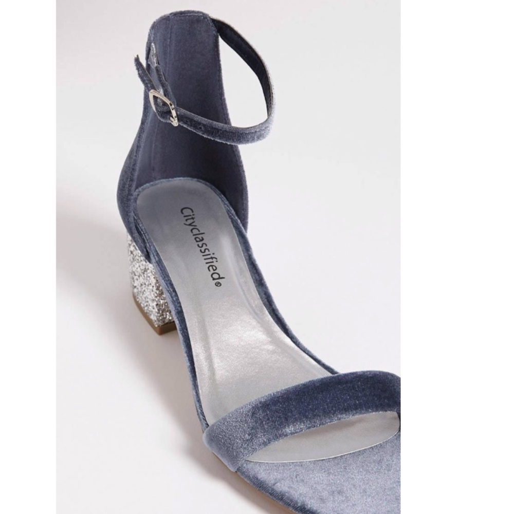 Blue Velvet + Silver Glitter Block Heel Sandal